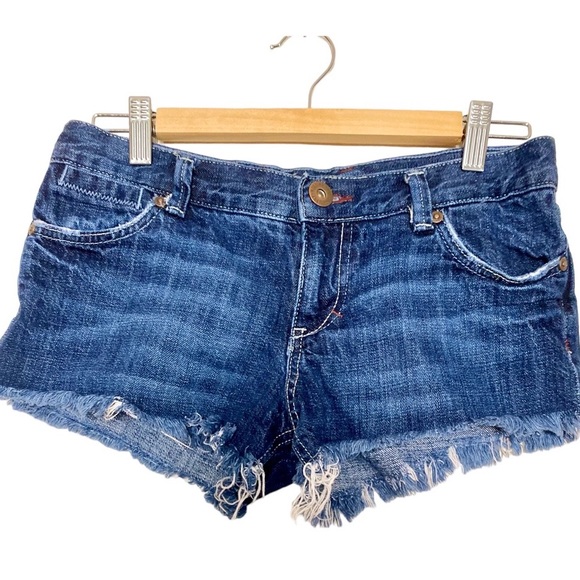 💙 Vtg Mossimo Low Rise Distressed Raw Hem Cut Off Dark Wash Jean Shorts | XS S - Picture 4 of 5